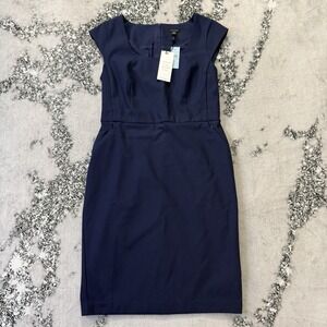 Ann Taylor Dress Womens Sz 6P Navy Blue Scoop Neck Zip Pocket Sheath Cap Sleeve